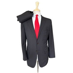 LUXURY Kiton Super 180's Brown Pinstripe Suit 42R-36x28 Wool Business Flat Front